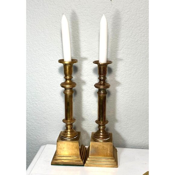 Vintage 12 Inch Brass Candles Holders Pair Heavy Base 1970s - Picture 2 of 9